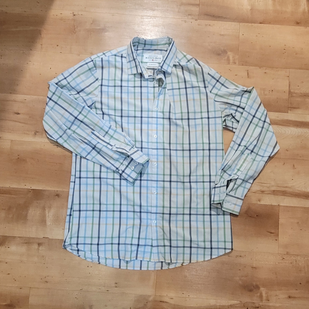 Mizzen+Main Light Blue and Green Checkered Shirt XXL Trim Fit Last Call